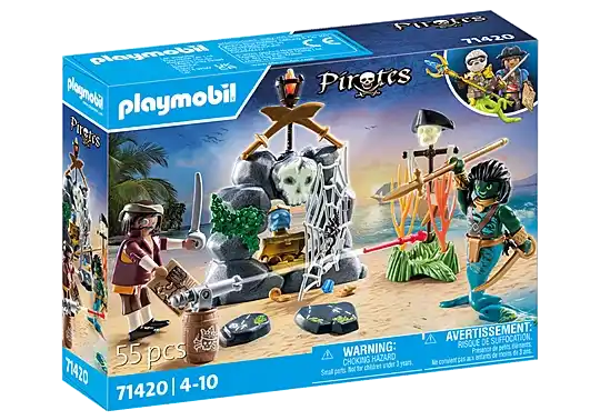 Blue Playmobil Pirates box featuring a pirate, mermaid, and golden treasure chest in a skull-shaped rock cave.