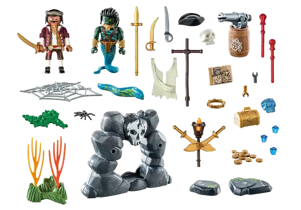 Pirate and merman figures with a skull rock arch, gold treasure chest, cannon, weapons, and blue gems.