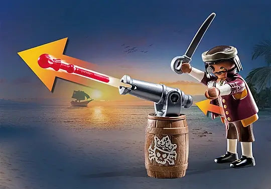 Pirate figure firing a red projectile from a silver cannon mounted on a wooden barrel with a skull logo.