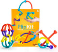 Colorful flexible construction toys in rings and 3D shapes around a yellow Plip Kit box for ages 5 to adult.