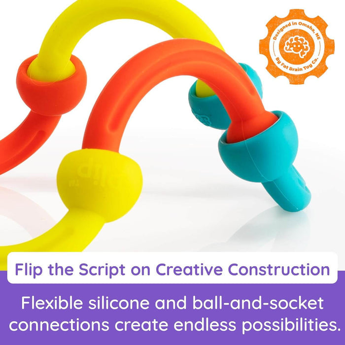 Bright yellow, orange, and teal flexible silicone rods with bulbous ball-and-socket connections.