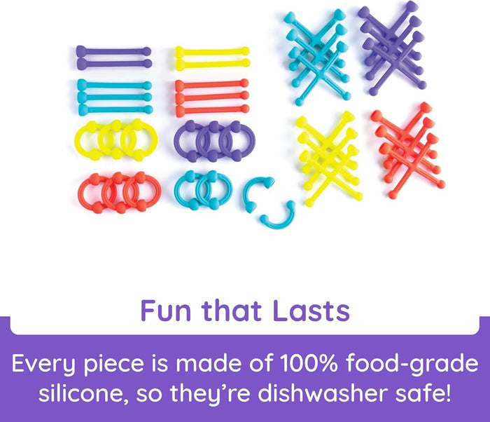 Colorful silicone toy pieces including bars, X-shapes, and rings in purple, teal, yellow, and orange on white.
