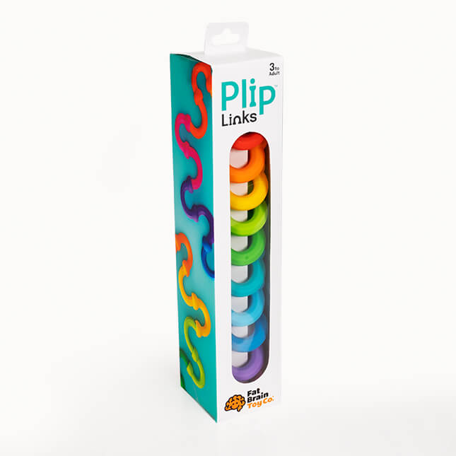 Vertical white box containing a rainbow stack of C-shaped interlocking silicone toy links visible through a clear window.