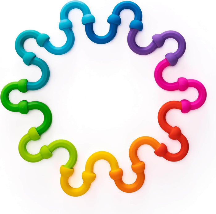 Ten interlocking, rainbow-colored plastic links forming a wavy circle on a white background.