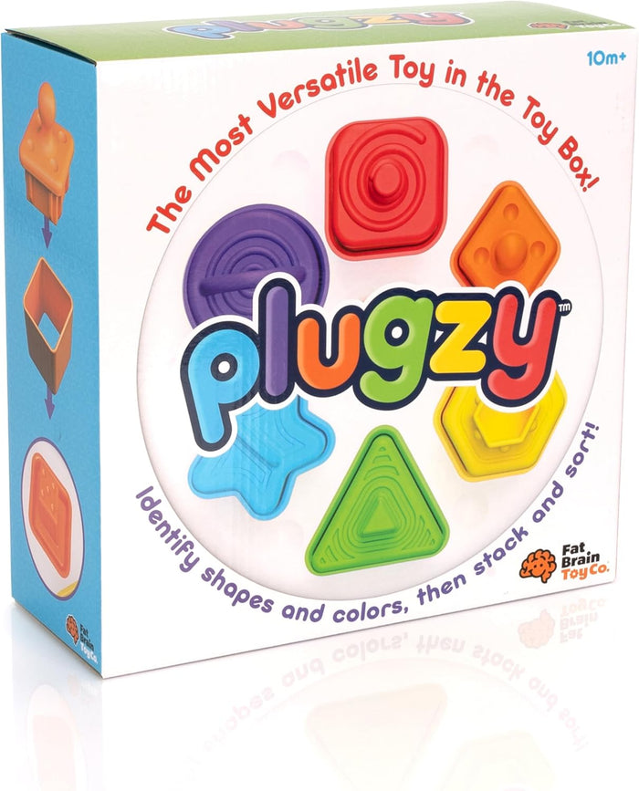 White product box for Plugzy toy with six colorful textured silicone shapes arranged in a circle around the name.