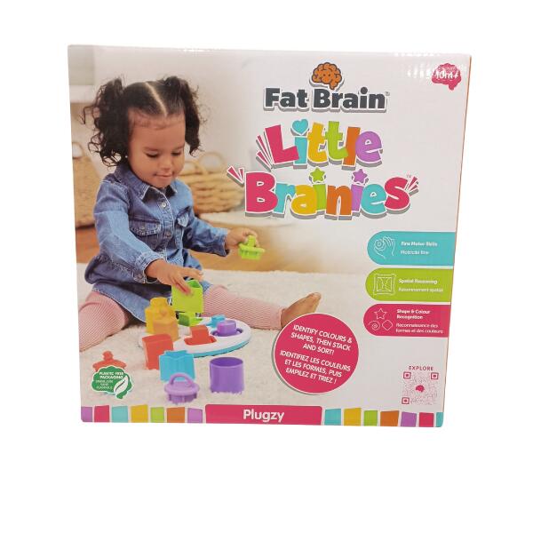 Box for Little Brainies Plugzy showing a girl playing with bright silicone shapes and a white sorting board.