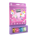 Purple spiral-bound activity pad with unicorn art and a window showing 125 colorful plus-shaped pieces.