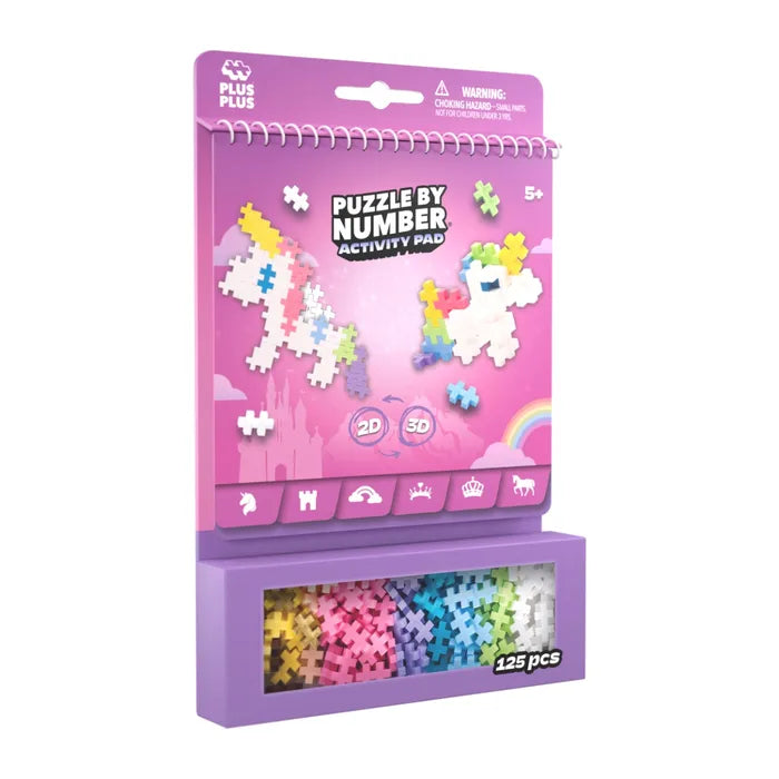 Purple spiral-bound activity pad with unicorn art and a window showing 125 colorful plus-shaped pieces.