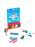 Blue Plus-Plus Activity Pad with red storage and built colorful interlocking toy cars, boats, and planes.