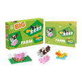Green activity set box with colorful plus-shaped block figures of a pink pig, brown cow, and yellow duck.