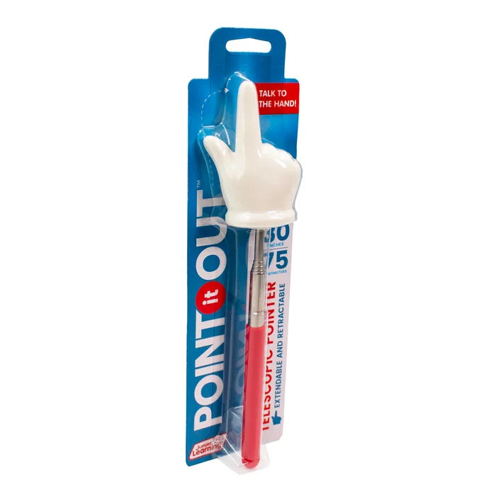 A white hand pointer with an index finger up, on a red telescopic rod, in blue and red retail packaging.