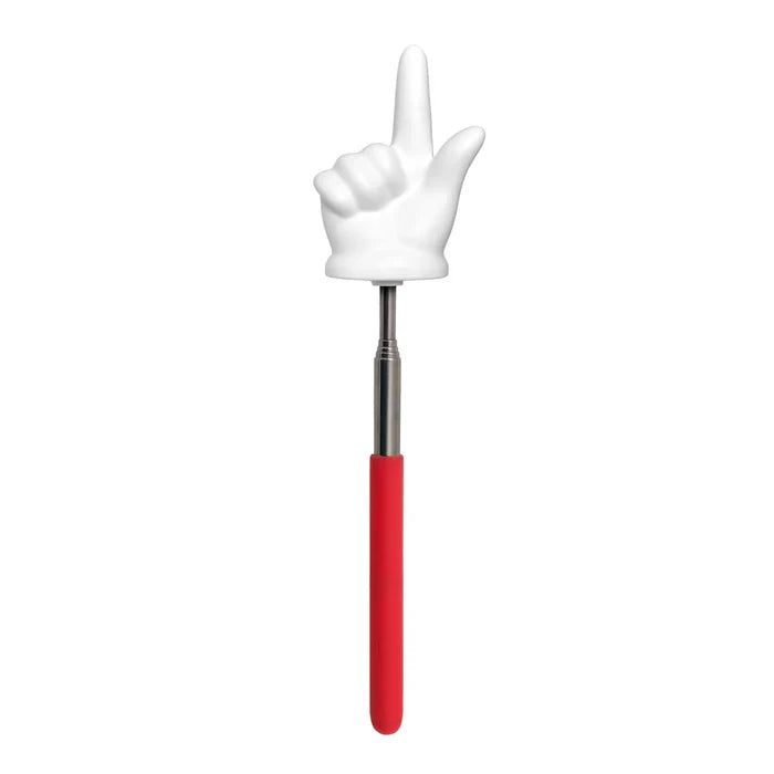 Telescopic pointer with a red handle and a white cartoon hand pointing its index finger upward.