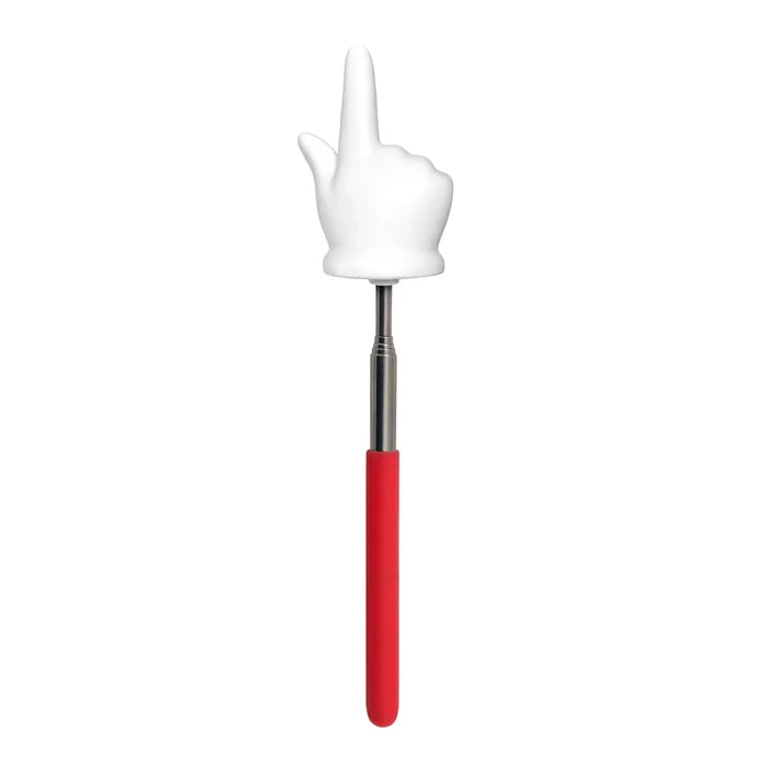 Telescopic pointer with a red handle, silver metal rod, and a white cartoon hand pointing upward.