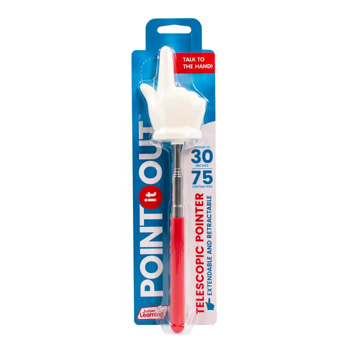 White pointing hand on a silver extendable rod with a red handle, in blue and white retail packaging.