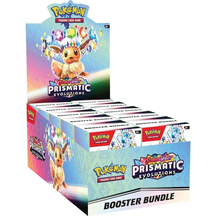 Teal retail display box of Pokemon booster bundles featuring Eevee with a crown of colorful gems and crystals.