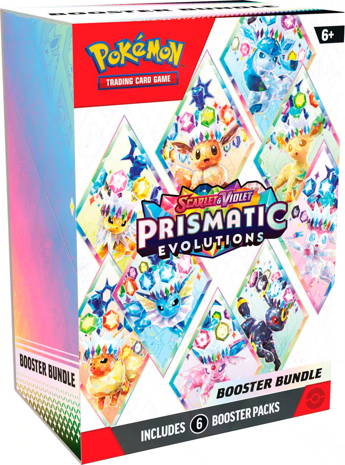 White Pokemon booster bundle box with colorful crystalline Eevee evolutions in diamond frames and rainbow accents.