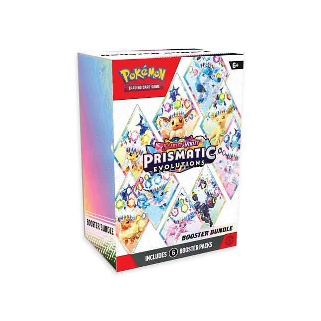 Colorful vertical box with rainbow sides and Eevee evolutions in diamond frames. Includes 6 booster packs.