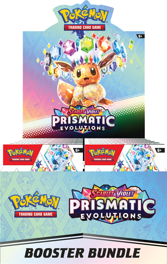 Blue booster bundle display box featuring a crystal Eevee wearing a crown of multicolored gems.