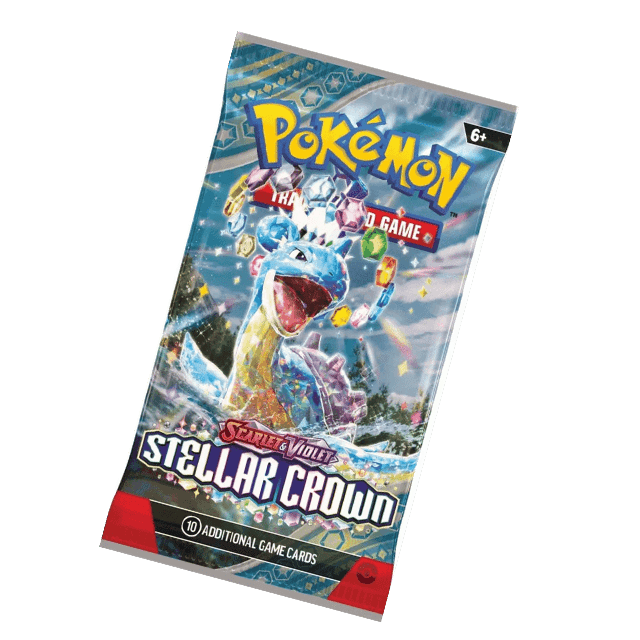Blue Pokémon booster pack featuring a crystalline Lapras surrounded by colorful gems, labeled Stellar Crown.