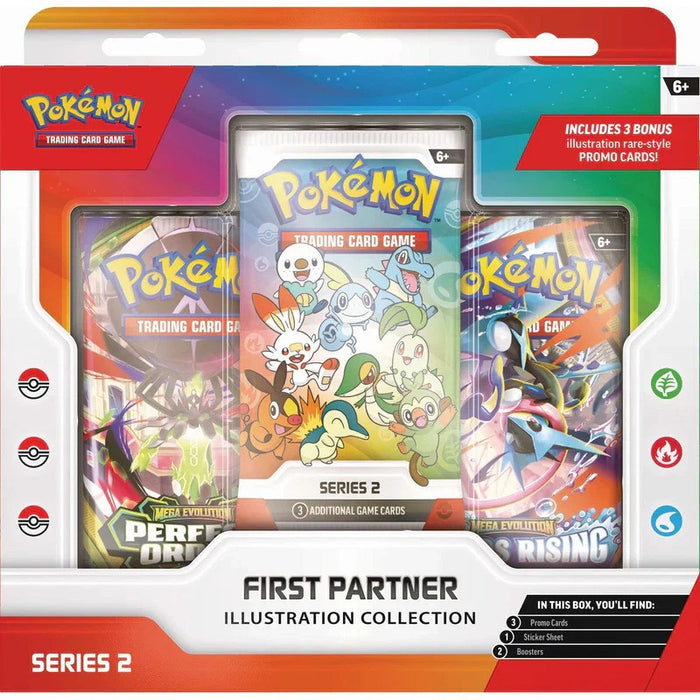 White and red Pokémon TCG box showing three booster packs with cute illustrations of Scorbunny, Sobble, and Grookey.