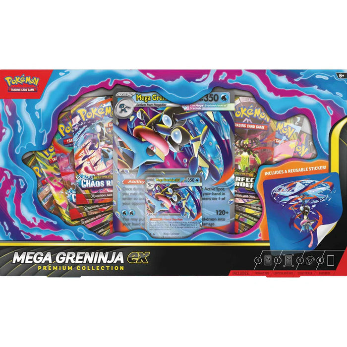 Blue and purple Pokémon box featuring a jumbo Mega Greninja EX card, booster packs, and sticker with ninja art.
