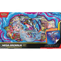 Blue and purple Pokémon box featuring a jumbo Mega Greninja EX card, booster packs, and sticker with ninja art.