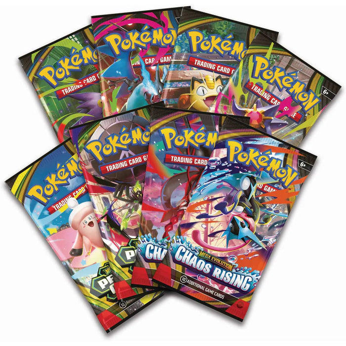 Seven fanned-out Pokémon booster packs featuring colorful characters and Chaos Rising logo with Mega Greninja.