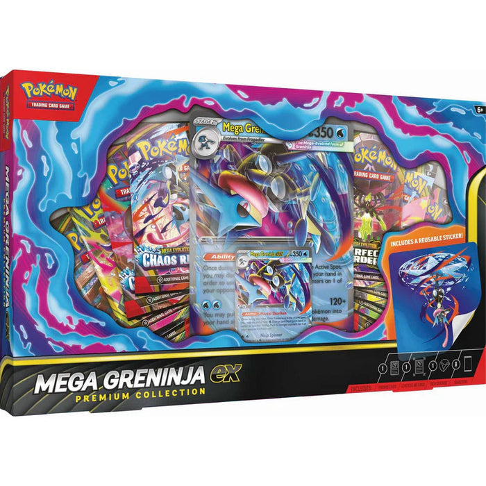 Blue splash-patterned box displaying a jumbo Greninja EX card, several booster packs, and a circular sticker.