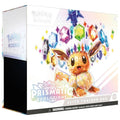White Elite Trainer Box featuring a crystalline Eevee illustration surrounded by a halo of colorful gem icons.