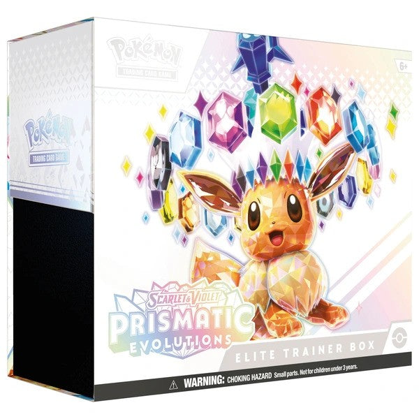 White Elite Trainer Box featuring a crystalline Eevee illustration surrounded by a halo of colorful gem icons.