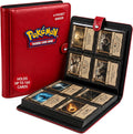 Red Pokémon 4-pocket card binder with Poké Ball snap button, holding trading cards in clear internal sleeves.