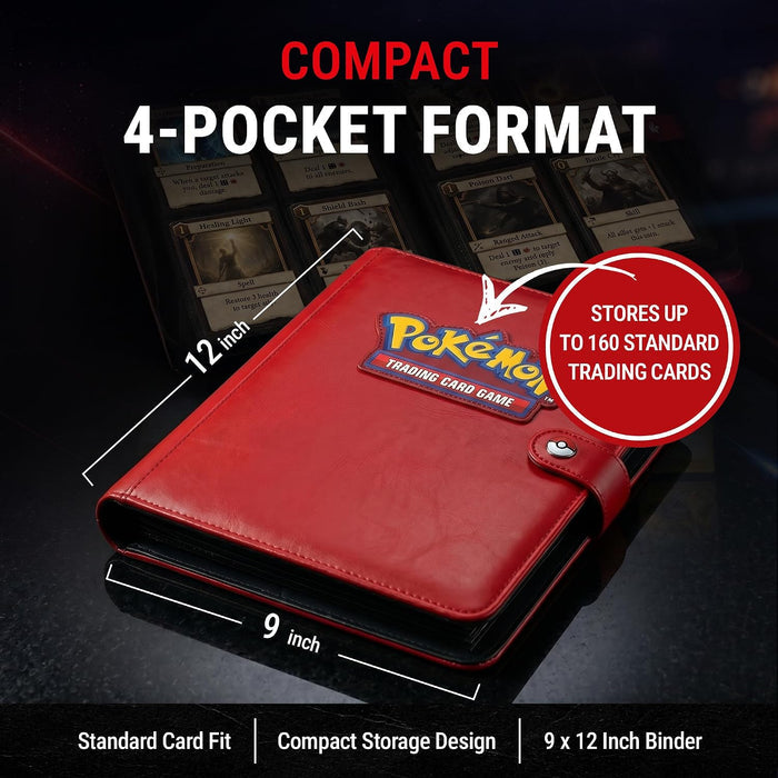 Red 4-pocket Pokemon snap binder with leather-look finish and dimensions shown as 9 by 12 inches.