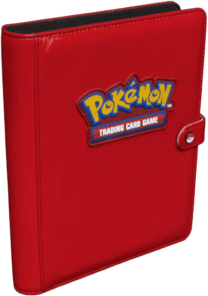 Red leatherette trading card binder with embossed Pokémon logo and a snap closure featuring a Poké Ball button.