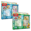Two blue and teal 2025 Pokémon deck packs showing cards, accessories, and Pikachu in a red jacket with palm tree art.