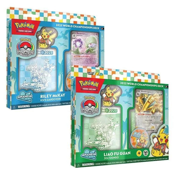 Two blue and teal 2025 Pokémon deck packs showing cards, accessories, and Pikachu in a red jacket with palm tree art.