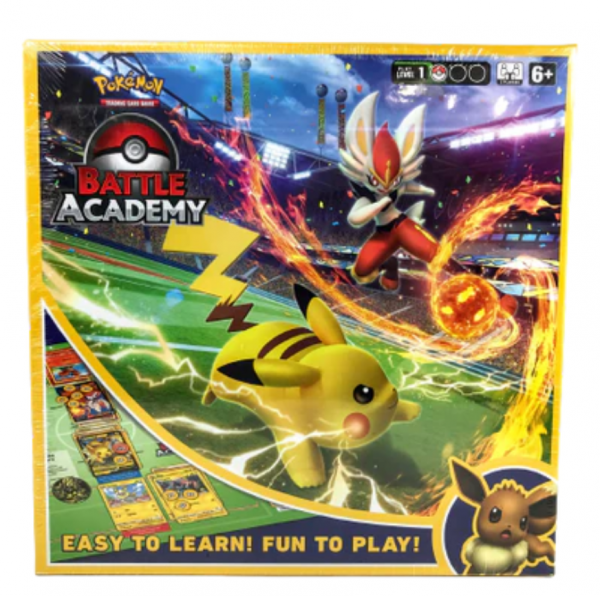 Yellow game box for Pokémon Battle Academy showing Pikachu, Cinderace, and Eevee on a vibrant stadium background.