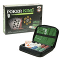 Poker King set with box and open black case holding colored chips, playing cards, dealer button, and green mat.
