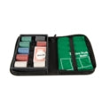Open black zipper case with stacks of colored poker chips, a deck of cards, and two folded green felt table mats.