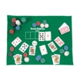 Green felt poker mat with the Poker King logo, dealt playing cards, and red, blue, green, and white chips.