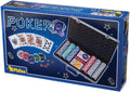 Blue box for a poker set showing an open silver case filled with stacks of colored chips, dice, and two decks of cards.