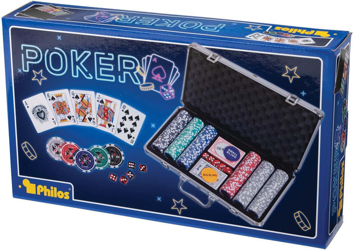 Blue box for a poker set showing an open silver case filled with stacks of colored chips, dice, and two decks of cards.