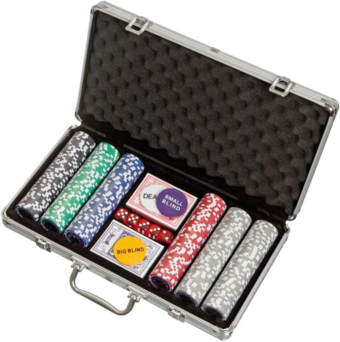 An open silver poker case filled with colorful stacks of chips, two card decks, dice, and dealer buttons.