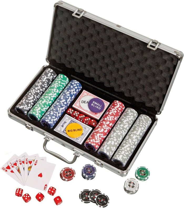 Open silver case with colorful poker chips, cards, and red dice. A royal flush heart hand is shown in the foreground.