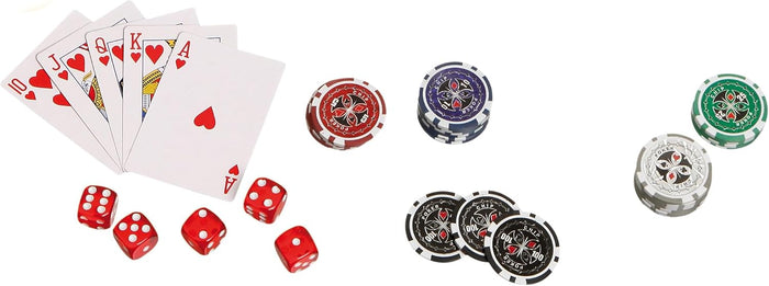 Royal flush of heart cards, five red dice, and stacks of red, blue, green, gray, and black poker chips.