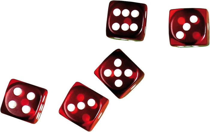 Five translucent red dice with white pips scattered on a plain white background.