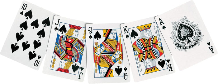 Fan of five playing cards showing a royal flush in spades: 10, Jack, Queen, King, and Ace.