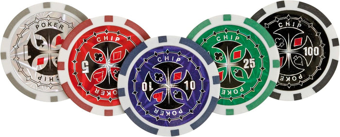 Five fanned poker chips in silver, red, blue, green, and black with card suit icons and values from 1 to 100.
