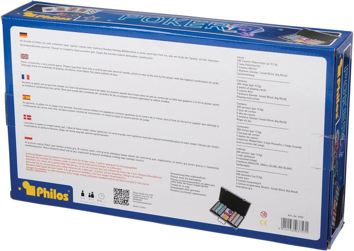 Back of a blue Philos poker set box with multilingual descriptions and a small picture of chips, cards, and dice.