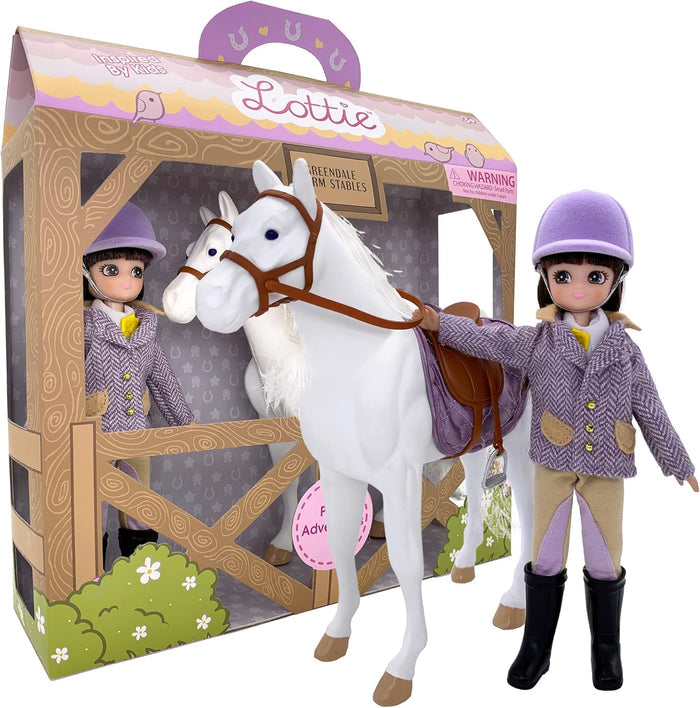 Doll in purple riding gear and white toy horse with a saddle, standing in front of stable-themed product packaging.
