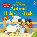 Cover of Usborne Poppy and Sam's Animal Hide-and-Seek book featuring farm animals and children by a wooden fence.